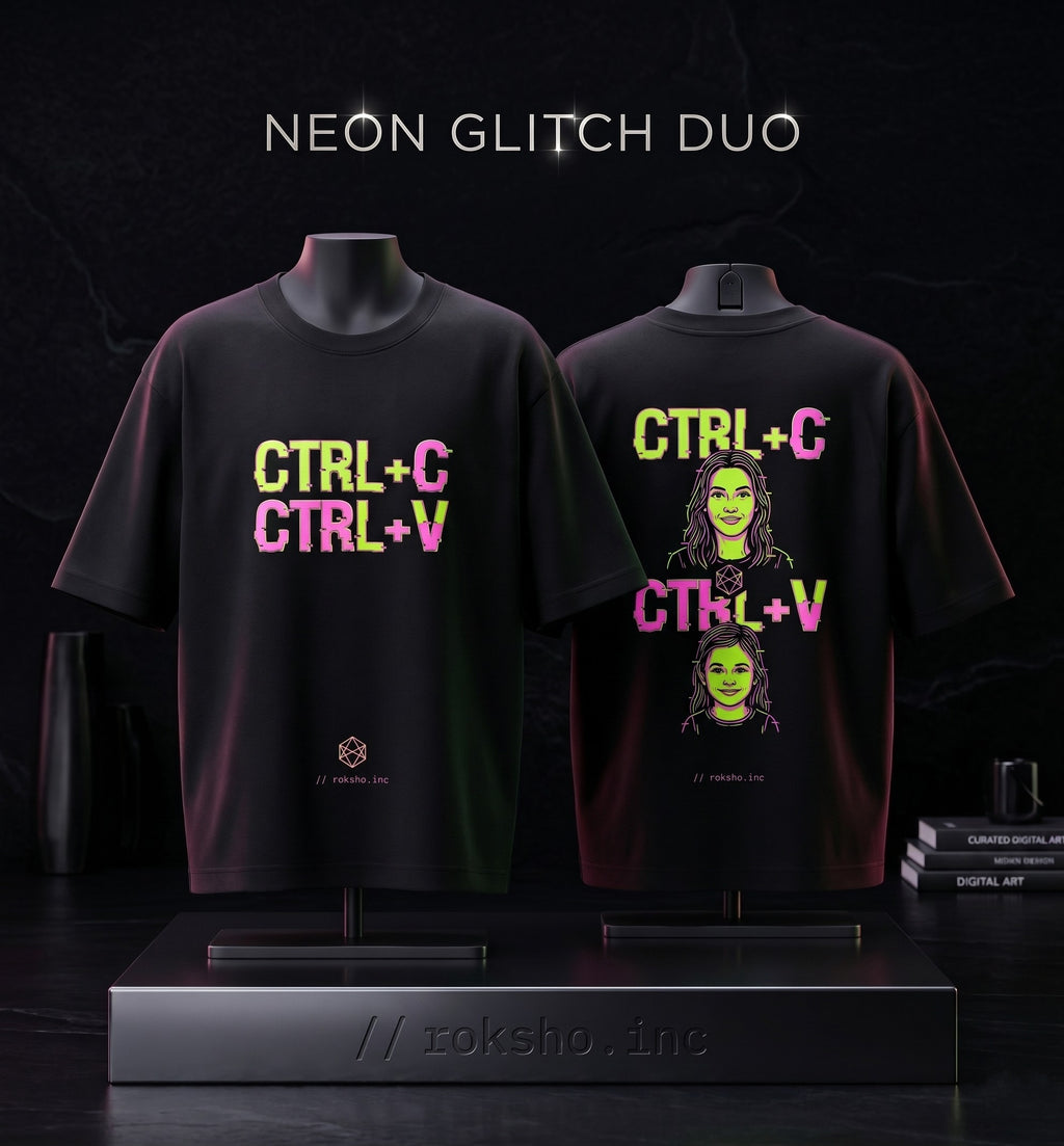 Two black t-shirts with neon text and graphics on a dark background, featuring the brand 'toksho'.